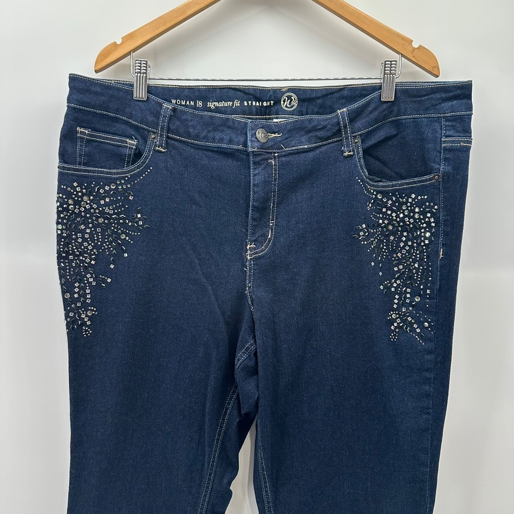 W62 Jeans Womens 18 Blue Denim Signature Fit Straight Leg Stretch Rhinestone